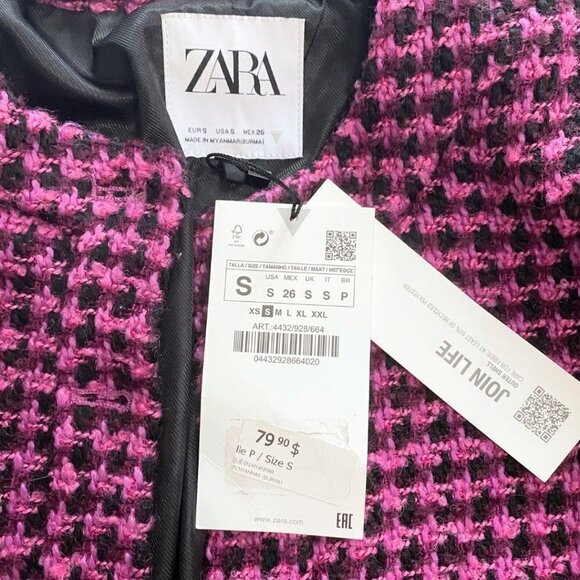 NWT ZARA PURPLE PINK BLACK TWEED CROPPED JACKET - S - Picture 6 of 10